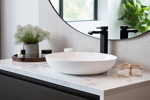 Chic bathroom with a round mirror and vessel sink in a Cape Cod, MA home remodel by @designREMODEL