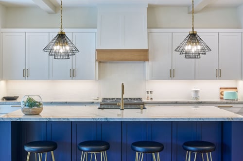 Blue Eat In Island in White Kitchen with Brushed Gold Hardware