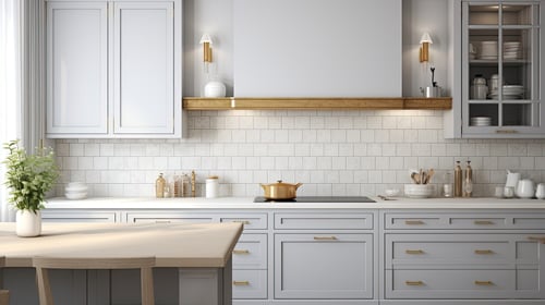 Contemporary kitchen with light gray cabinetry and brass accents, Cape Cod, MA, by @designREMODEL