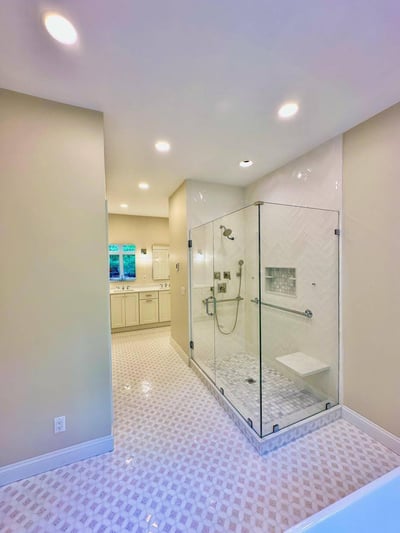 Walk-In Glass Surround Shower in Cape Cod Bathroom Remodel by atdesignremodel