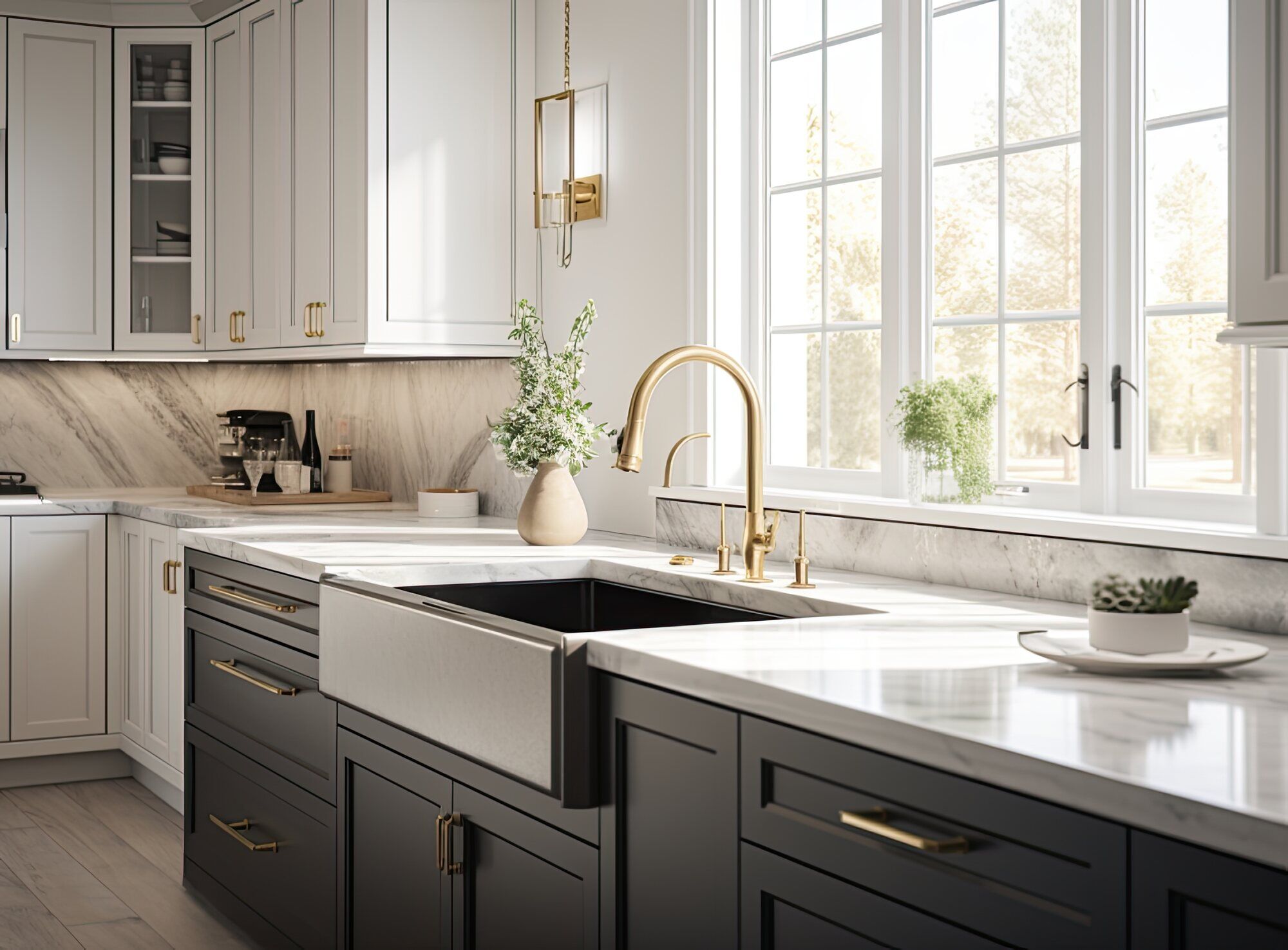 Light-filled kitchen with green cabinets and farmhouse sink, Cape Cod, MA, by @designREMODEL